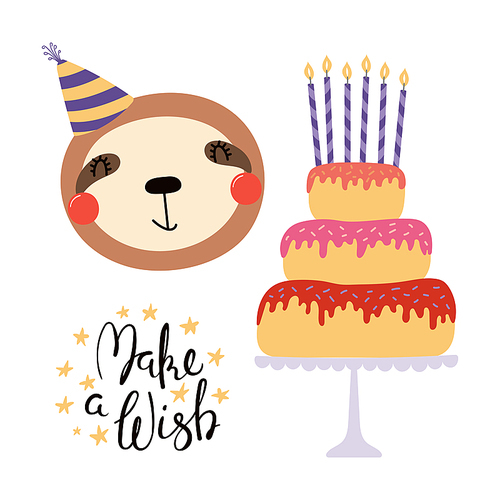 Hand drawn birthday card with cute funny sloth in a party hat, cake with candles, quote Make a wish. Isolated objects. Scandinavian style flat design. Vector illustration. Concept for kids print.