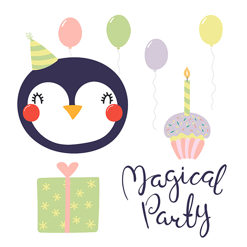 Hand drawn birthday card with cute funny penguin in a party hat, balloons, present, cupcake, quote. Isolated objects. Scandinavian style flat design. Vector illustration. Concept for kids print.