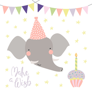 Hand drawn birthday card with cute funny elephant in a party hat, bunting, cupcake, quote Make a wish. Isolated objects. Scandinavian style flat design. Vector illustration. Concept for kids print.