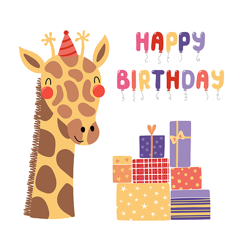 Hand drawn birthday card with cute funny giraffe in a party hat, presents, balloons quote Happy birthday. Isolated objects. Scandinavian style flat design. Vector illustration. Concept for kids print.