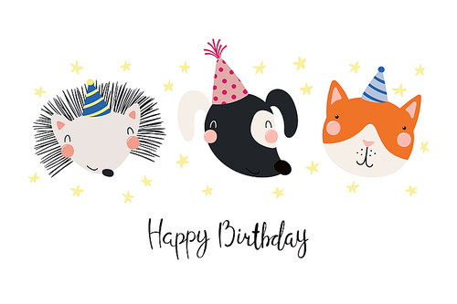 Hand drawn birthday card with cute funny dog, cat, hedgehog in party hats, stars, quote Happy birthday. Isolated objects. Scandinavian style flat design. Vector illustration. Concept for kids print.
