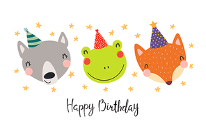 Hand drawn birthday card with cute funny wolf, frog, fox in party hats, stars, quote Happy birthday. Isolated objects. Scandinavian style flat design. Vector illustration. Concept for kids print.