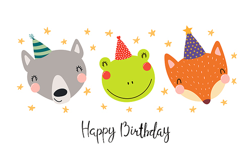 Hand drawn birthday card with cute funny wolf, frog, fox in party hats, stars, quote Happy birthday. Isolated objects. Scandinavian style flat design. Vector illustration. Concept for kids .