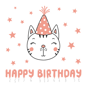 Hand drawn vector portrait of a cute funny cat in party hat, with text Happy Birthday. Isolated objects on white background. Vector illustration. Design concept for children, party, celebration, card.