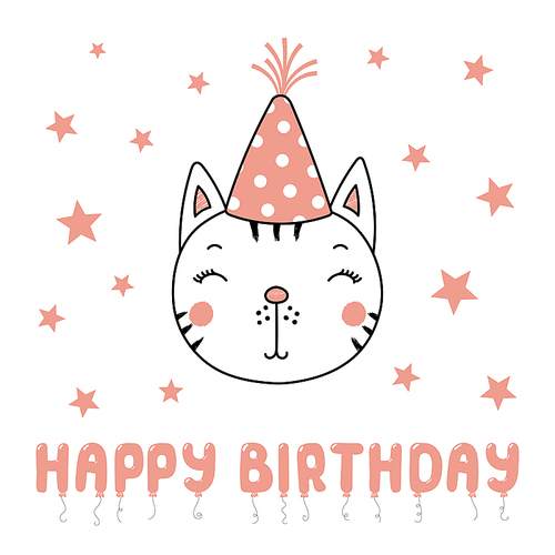 Hand drawn vector portrait of a cute funny cat in party hat, with text Happy Birthday. Isolated objects on white . Vector illustration. Design concept for children, party, celebration, card.