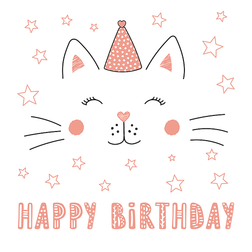 hand drawn vector portrait of a cute funny cat in party hat, with text happy birthday. isolated objects on white . vector illustration. design concept for children, party, celebration, card.