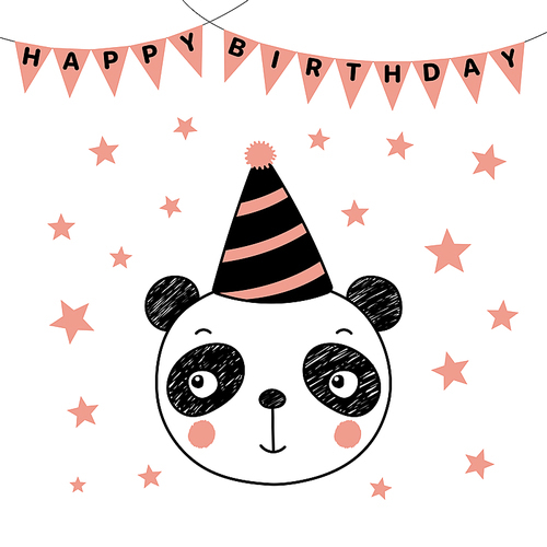 Hand drawn vector portrait of a cute funny panda in party hat, with text Happy Birthday. Isolated objects on white . Vector illustration. Design concept for kids, party, celebration, card.