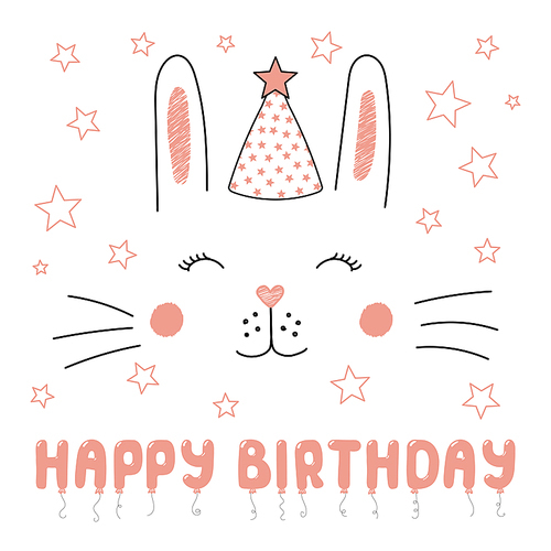 Hand drawn vector portrait of a cute funny rabbit in party hat, with text Happy Birthday. Isolated objects on white . Vector illustration. Design concept for kids, party, celebration, card.
