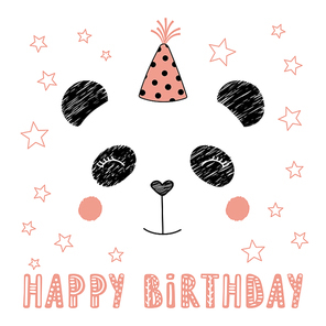Hand drawn vector portrait of a cute funny panda in party hat, with text Happy Birthday. Isolated objects on white background. Vector illustration. Design concept for kids, party, celebration, card.