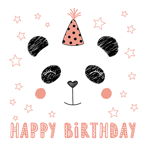 Hand drawn vector portrait of a cute funny panda in party hat, with text Happy Birthday. Isolated objects on white . Vector illustration. Design concept for kids, party, celebration, card.