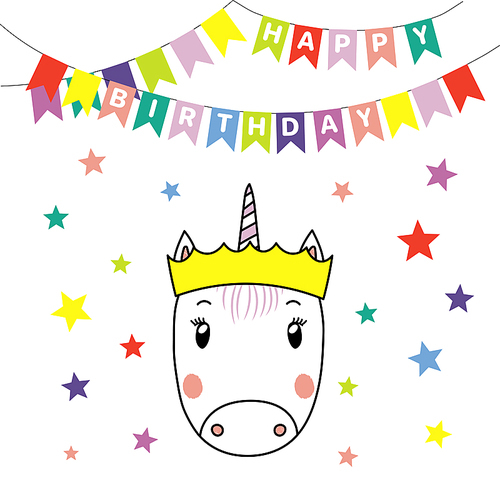 Hand drawn vector portrait of a cute funny unicorn in crown, with text Happy Birthday. Isolated objects on white . Vector illustration. Design concept for children, party, celebration, card.