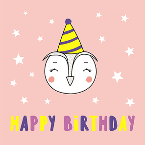Hand drawn vector portrait of a cute funny owl in party hat, with text Happy Birthday. Isolated objects on pink background. Vector illustration. Design concept for children, party, celebration, card.