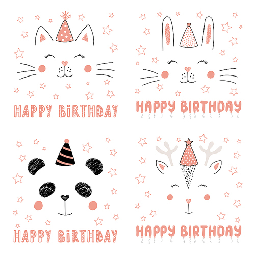 set of hand drawn portraits of cute funny animals in party hats, with text happy birthday. isolated objects on . vector illustration. design concept for children, party, celebration.