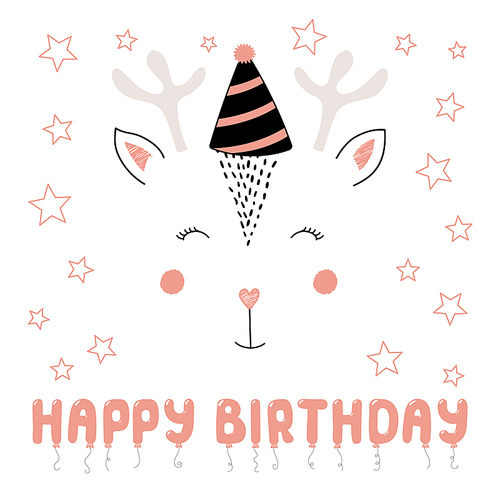 hand drawn vector portrait of a cute funny deer in party hat, with text happy birthday. isolated objects on white . vector illustration. design concept for children, party, celebration, card