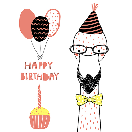 Hand drawn birthday card with cute funny flamingo in a party hat, balloons, cupcake, lettering quote Happy birthday. Isolated objects. Line drawing. Vector illustration. Design concept children print.