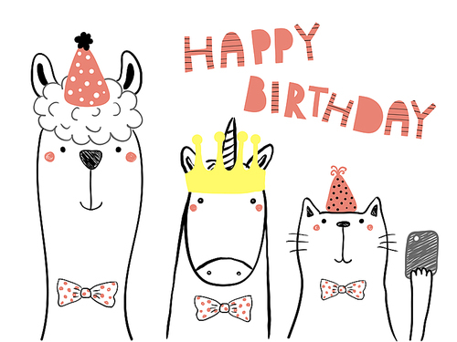 Hand drawn birthday card with cute funny llama, unicorn, cat in party hats, taking selfie with a smart phone,quote. Isolated objects. Line drawing. Vector illustration. Design concept for kids print.