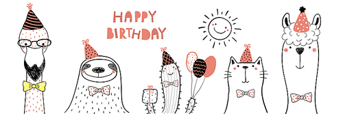 Hand drawn birthday card with cute funny flamingo, sloth, cactus, cat, llama in party hats, lettering quote Happy birthday. Isolated objects. Line drawing. Vector illustration. Design concept kids