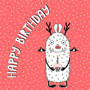Hand drawn birthday card with cute funny monster holding a cupcake with a candle, typography. Vector illustration. Isolated objects. Design concept for children, birthday celebration.