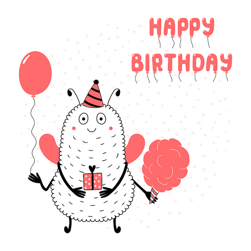 Hand drawn birthday card with cute funny monster in a party hat, holding present, balloon, cotton candy, with text. Vector illustration. Isolated objects. Design concept children, birthday celebration