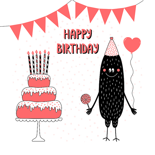 Hand drawn birthday card with cute funny monster in a party hat, holding a balloon, with cake, text. Vector illustration. Isolated objects. Design concept for children, birthday celebration