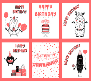 Set of hand drawn birthday cards, gift tags templates with cute funny cartoon monsters in party hats, typography. Vector illustration. Isolated objects. Design concept children, birthday celebration.