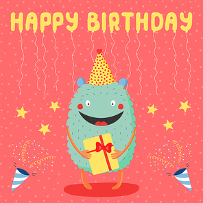 Hand drawn birthday card with cute funny monster in a party hat, holding a present, with text. Vector illustration. Isolated objects. Design concept for children, birthday celebration