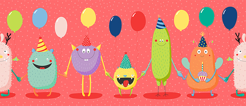 Hand drawn seamless horizontal vector pattern with cute funny monsters in party hats, smiling and holding hands, balloons. Vector illustration. Design concept for children, birthday celebration.