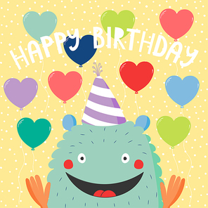 Hand drawn birthday card with cute funny monster in a party hat, with balloons, typography. Vector illustration. Isolated objects. Design concept for children, birthday celebration.