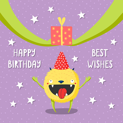 Hand drawn birthday card with cute funny monster in a party hat, receiving a present, with typography. Vector illustration. Isolated objects. Design concept for children, birthday celebration.