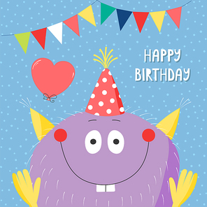 Hand drawn birthday card with cute funny monster in a party hat, with balloon, bunting, typography. Vector illustration. Isolated objects. Design concept for children, birthday celebration.
