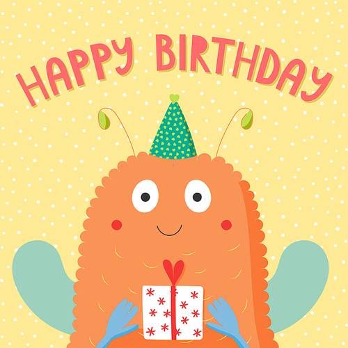 Hand drawn birthday card with cute funny monster in a party hat, holding a present, with text. Vector illustration. Isolated objects. Design concept for children, birthday celebration