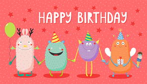 Hand drawn birthday card with cute funny monsters in party hats, smiling and holding hands, with typography. Vector illustration. Isolated objects. Design concept for children, birthday celebration.