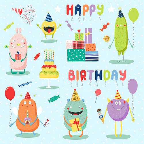 Collection of hand drawn cute funny cartoon monsters in party hats, with presents, cake, typography. Isolated objects. Vector illustration. Design concept for children, birthday celebration.