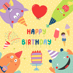 Hand drawn birthday card with cute funny monsters in party hats, looking from all sides, with cake, typography. Vector illustration. Isolated objects. Design concept for children, birthday celebration
