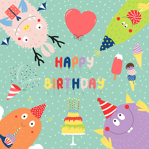 Hand drawn birthday card with cute funny monsters in party hats, looking from all sides, with cake, typography. Vector illustration. Isolated objects. Design concept for children, birthday celebration