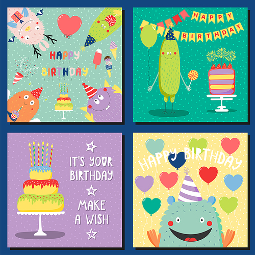 Set of hand drawn square birthday cards templates with cute funny cartoon monsters in party hats, typography. Vector illustration. Isolated objects. Design concept for children, birthday celebration.
