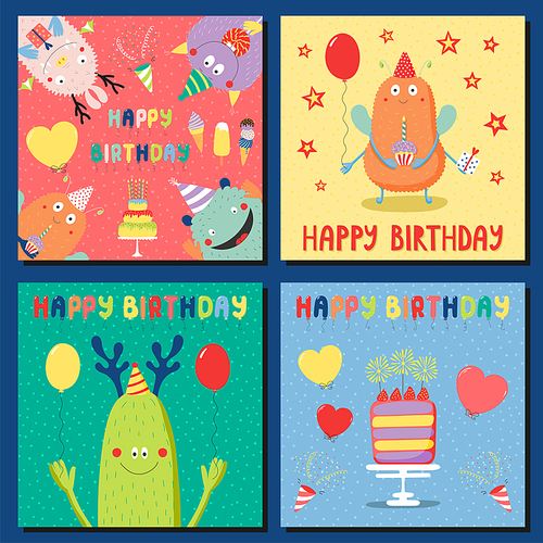 Set of hand drawn square birthday cards templates with cute funny cartoon monsters in party hats, typography. Vector illustration. Isolated objects. Design concept for children, birthday celebration.