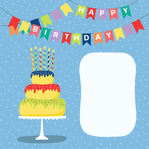 Hand drawn birthday card with a cartoon layer cake with candles, bunting with text, space for copy. Vector illustration. Isolated objects. Design concept for children, birthday celebration.