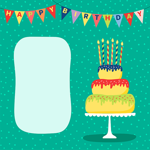 Hand drawn birthday card with a cartoon layer cake with candles, bunting with text, space for copy. Vector illustration. Isolated objects. Design concept for children, birthday celebration.
