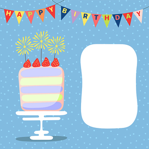 Hand drawn birthday card with a cartoon layer cake with strawberries, bunting with text, space for copy. Vector illustration. Isolated objects. Design concept for children, birthday celebration.