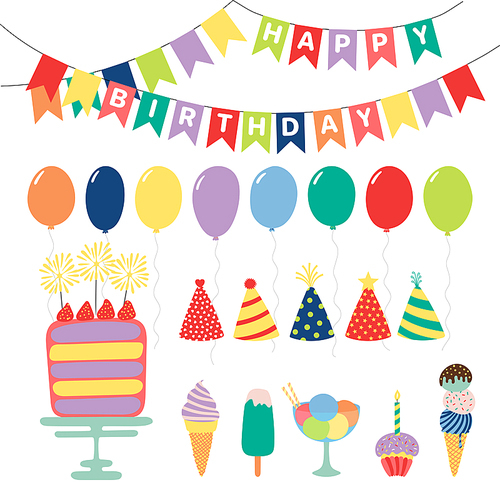 Collection of hand drawn birthday party design elements with cake, balloons, hats, bunting, ice cream, typography. Isolated objects on white . Vector illustration. Design concept for kids.