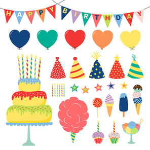 Collection of hand drawn birthday party design elements with cake, balloons, hats, bunting, ice cream, typography. Isolated objects on white background. Vector illustration. Design concept for kids.