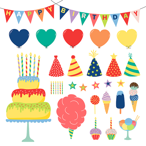 Collection of hand drawn birthday party design elements with cake, balloons, hats, bunting, ice cream, typography. Isolated objects on white . Vector illustration. Design concept for kids.