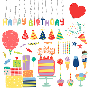 Collection of hand drawn birthday party design elements with cake, candles, balloons, hats, ice cream, presents, candy, text. Isolated objects on white. Vector illustration. Design concept for kids.