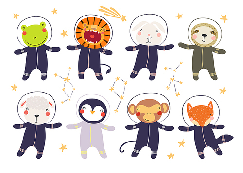 Set of cute funny animal astronauts in space suits, with stars. Isolated objects on white . Hand drawn vector illustration. Scandinavian style flat design. Concept for children print.