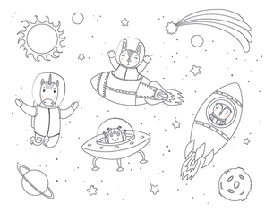 Hand drawn black and white vector illustration of cute funny bunny, owl, unicorn astronauts, alien in space, with planets, stars. Isolated objects. Line drawing. Design concept children coloring pages