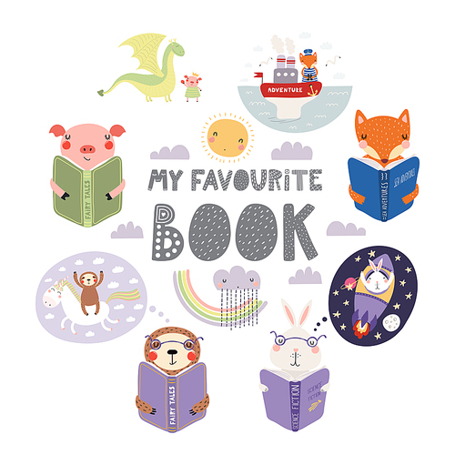 Set of cute funny animals with books, bunny, sloth, fox, pig, with quote. Isolated objects on white . Hand drawn vector illustration. Scandinavian style flat design. Concept children .