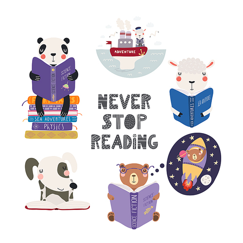 Set of cute funny animals with books, bear, panda, sheep, dog, with quote. Isolated objects on white . Hand drawn vector illustration. Scandinavian style flat design. Concept children .