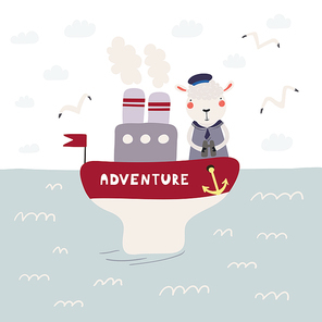 Hand drawn vector illustration of a cute funny sheep sailor on a steamboat. Childish ocean landscape with seagulls, clouds, waves. Scandinavian style flat design. Concept for children print.