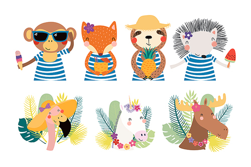 Set of cute funny summer animals in hats, sunglasses, with ice cream. Isolated objects on white . Hand drawn vector illustration. Scandinavian style flat design. Concept for children .